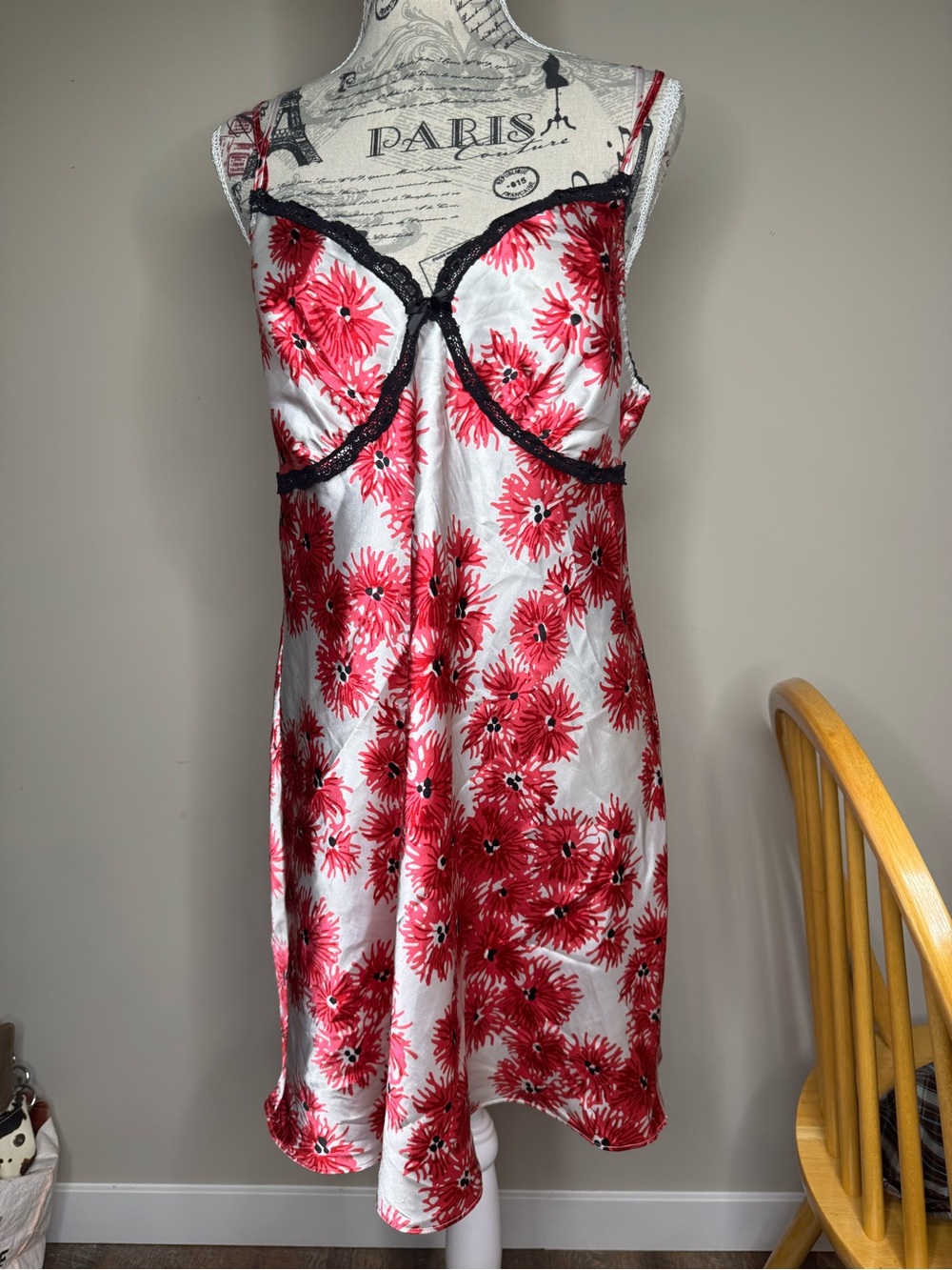 Silky Red Floral Lace-Trim Slip Dress